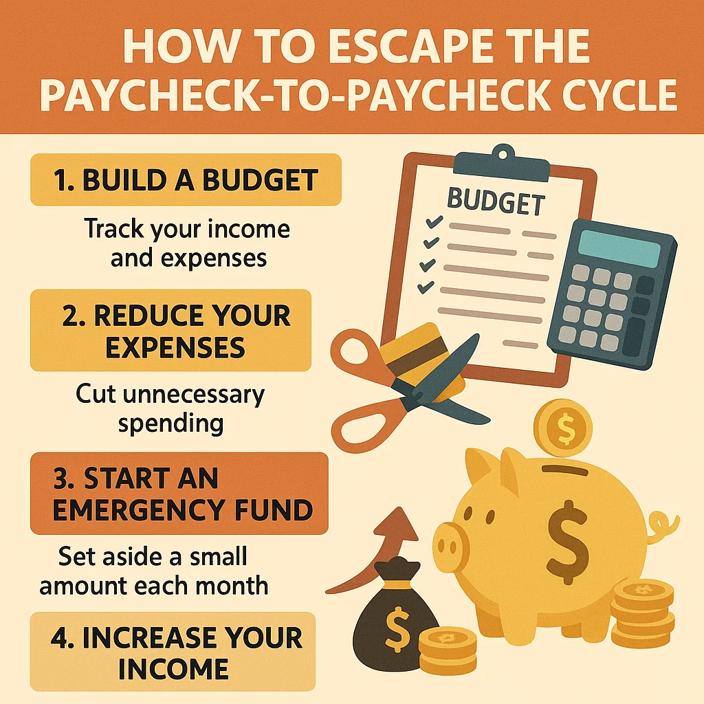Infographic explaining how to be Free from Paycheck to Paycheck cycle