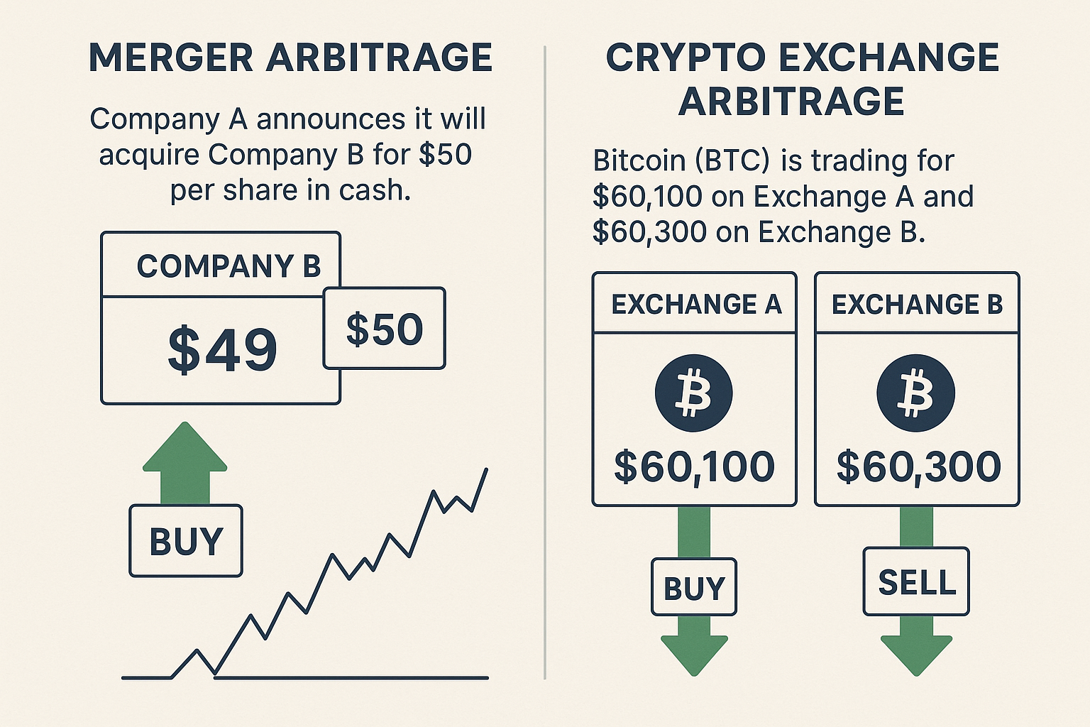 A chart would typically show two trading platforms side-by-side with the same asset at different prices, with arrows indicating the buy and sell actions.