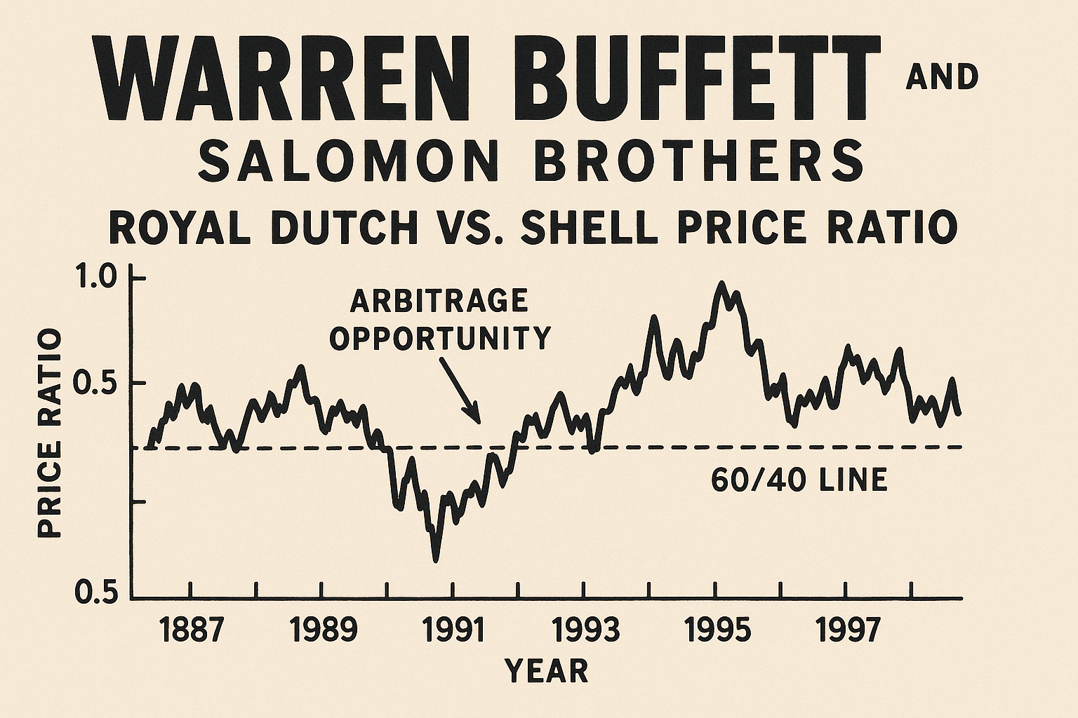 It show the historical price ratio of Royal Dutch vs. Shell, highlighting periods where it diverged significantly from the 60/40 line, indicating an arbitrage opportunity.